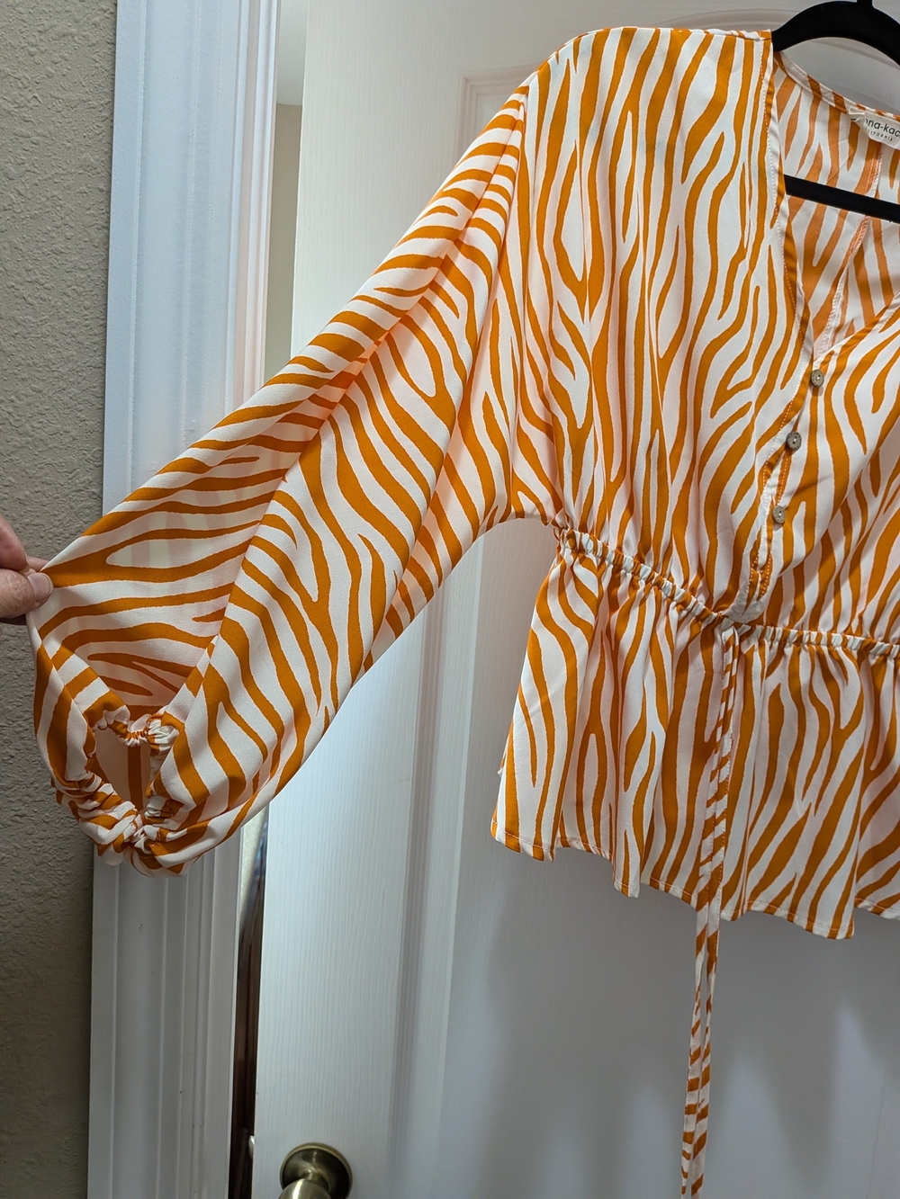 V-Neck Cinched Zebra-Print Blouse in Orange and Cream With Adjustable Waist - Picture 2 of 3